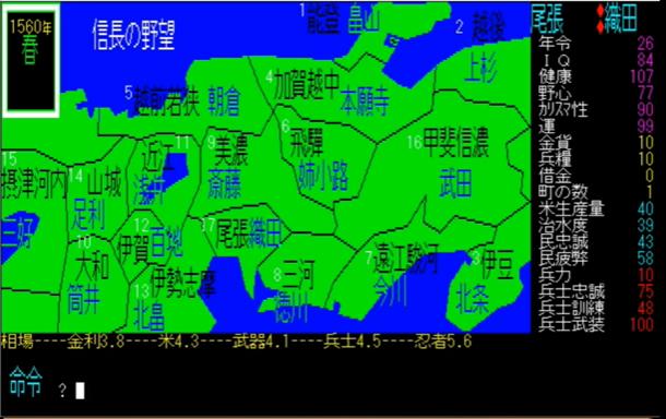 PC-8001/PC-8801版ソフト【シミュレーションウォーゲーム　信長の野望】「領国経営場面」